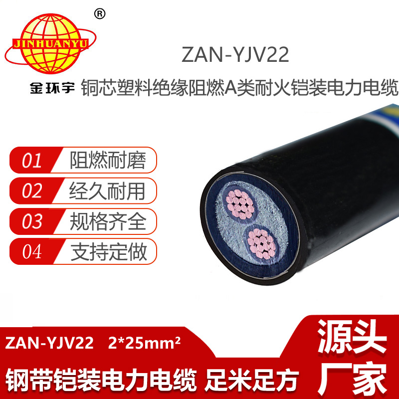 金環(huán)宇電線電纜 ZAN-YJV22-2X25平方y(tǒng)jv22電纜a類阻燃耐火鎧裝電力電纜